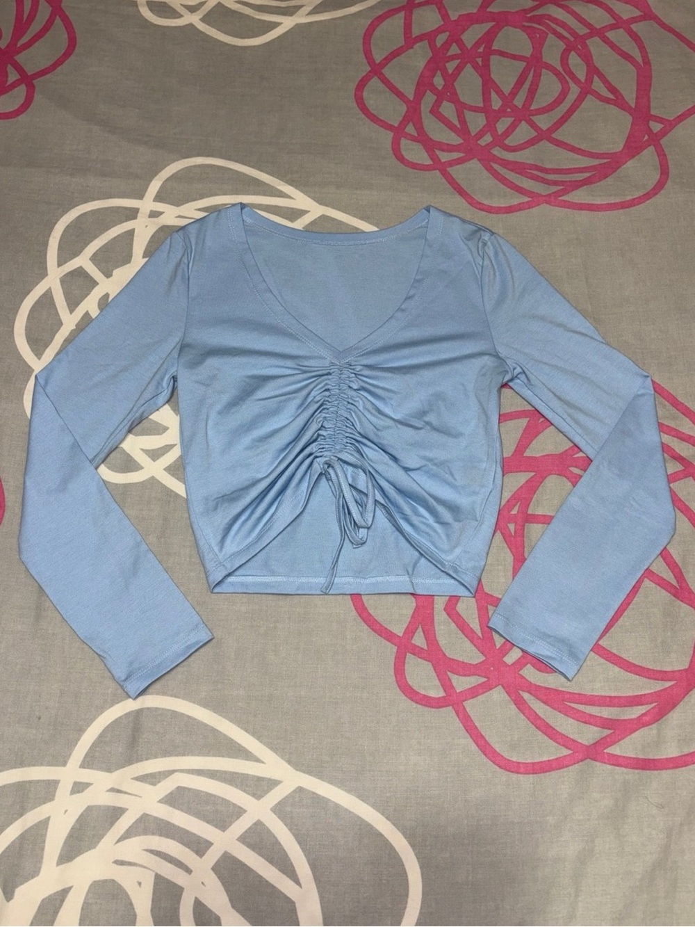 SHEIN Blue Ruched Long Sleeve Drawstring Crop Top